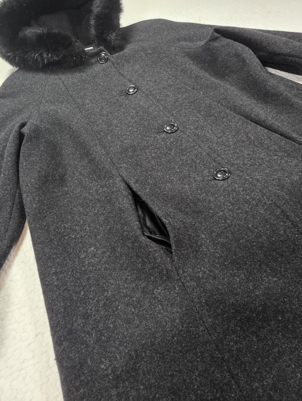 Vintage JP 1893 Charcoal Gray Wool Hooded Long Coat with Black Faux Fur Trim - Picture 6 of 13